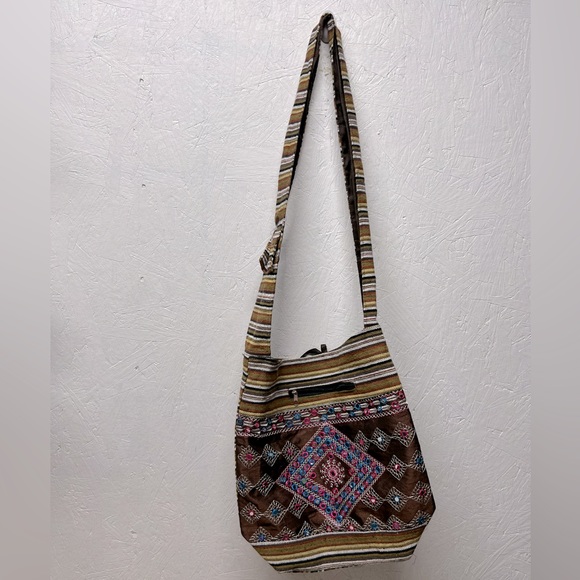 Bohemian indie beaded embroidered shoulder bag hobo printed multicolor geometric - Picture 6 of 6